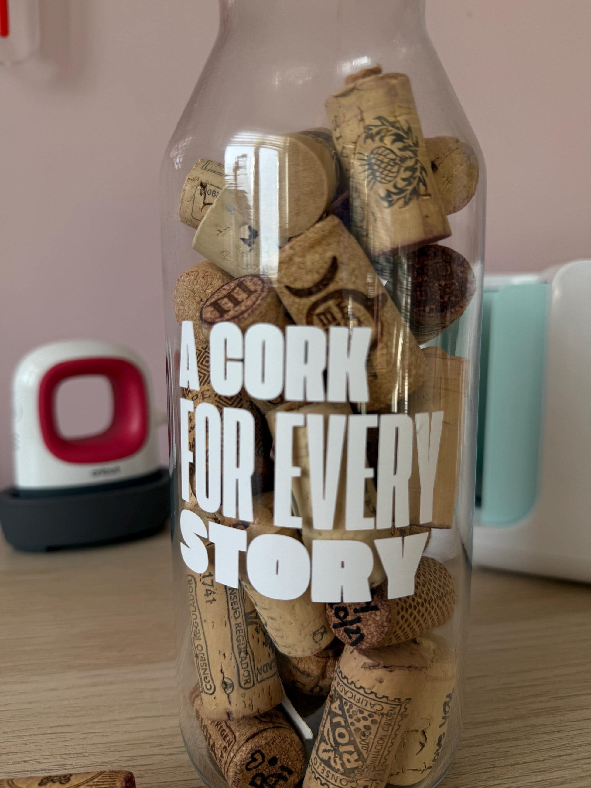 Cork Memory Jar, Wine Cork Keepsake Bottle. A cork for every story. House warming gift. Home owners