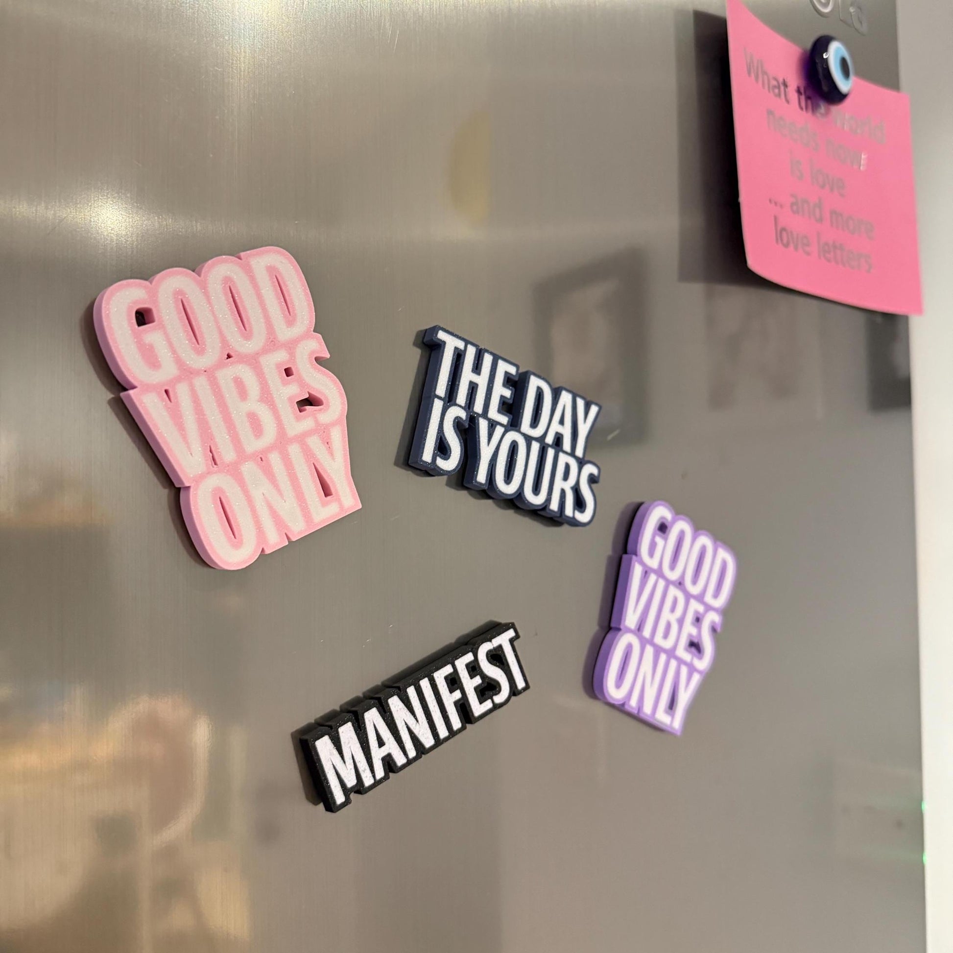 Affirmation Fridge Magnets - Inspirational 3D Printed Decor - Manifest, Good Vibes Only, The Day Is Yours - Eco-Friendly Magnetic Gift Idea